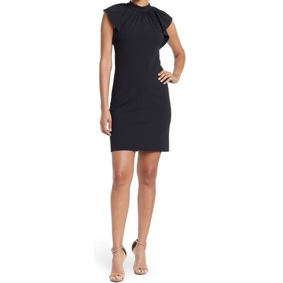 Calvin Klein Womens Black High Neck Short Flutter Sleeve Shift Dress Sz 12 New - Picture 1 of 10